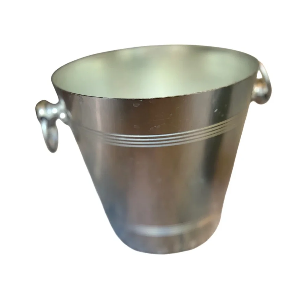 Perrier-Jouet Champagne Ice Bucket Brushed Aluminum Silver Ring Handles 8 Inch